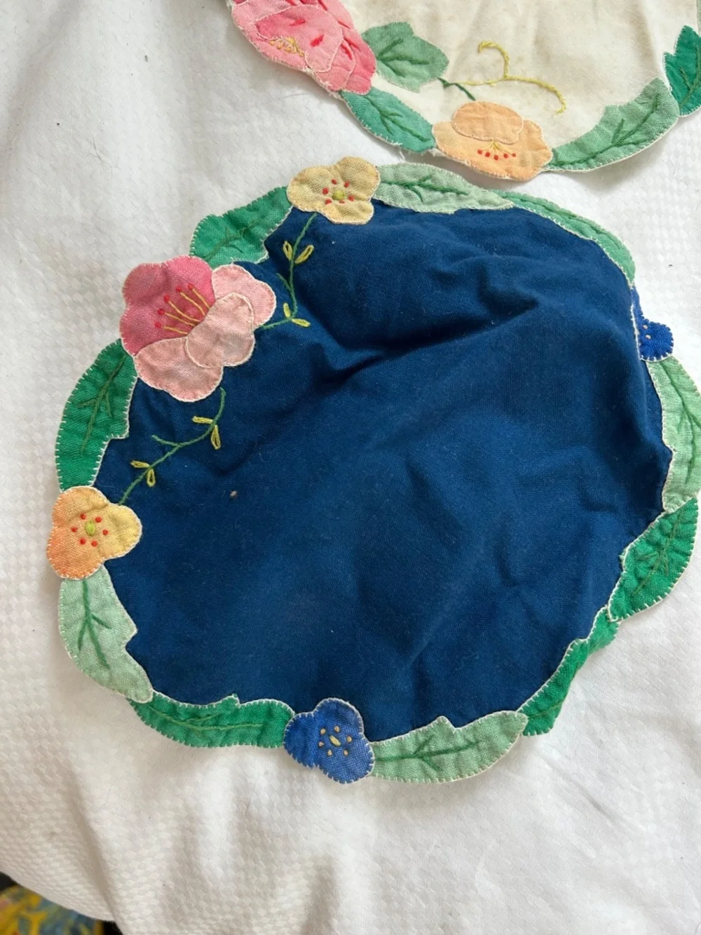 Antique St Barth handmade embroidered applique set 8 blue white doilies center